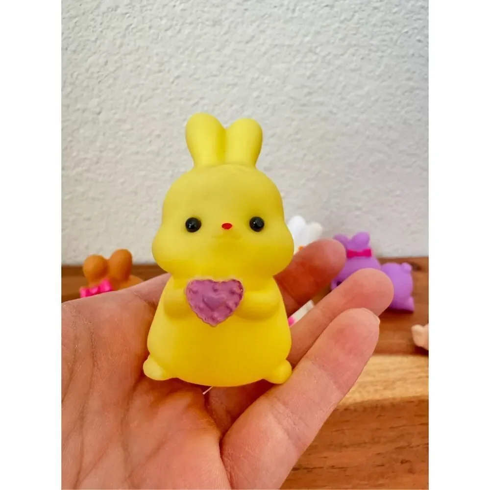 Miniature rubber baby bunny rabbits pudgy fat cute toys set of 5 strawberry toy